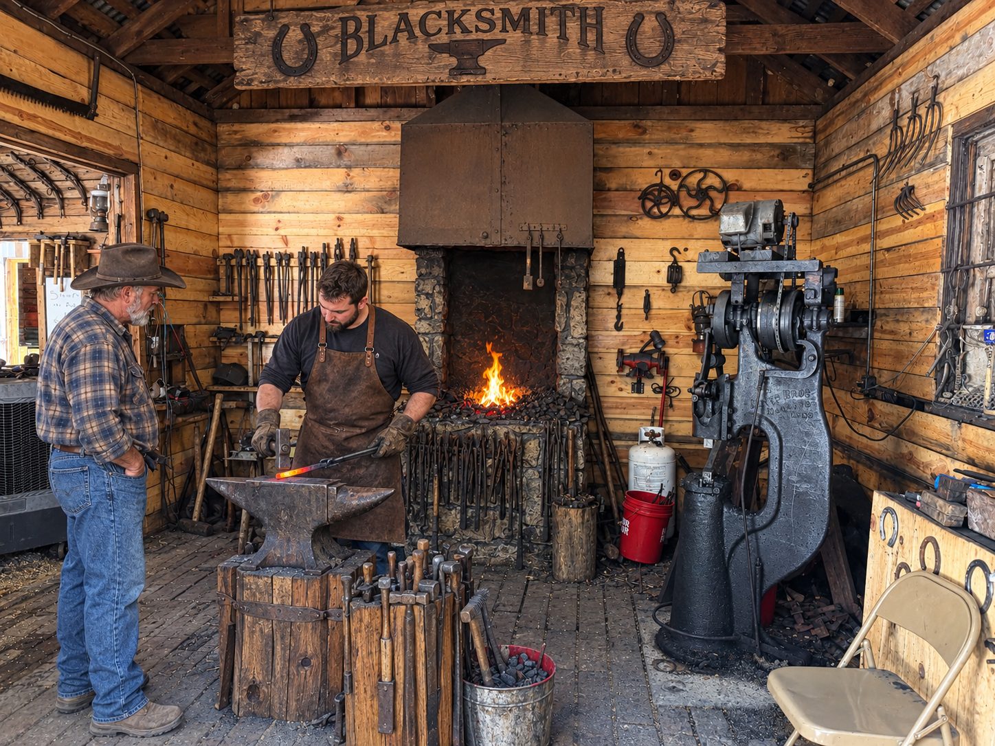 A blacksmith shaping hot iron at the anvil while a visitor in a cowboy hat watches