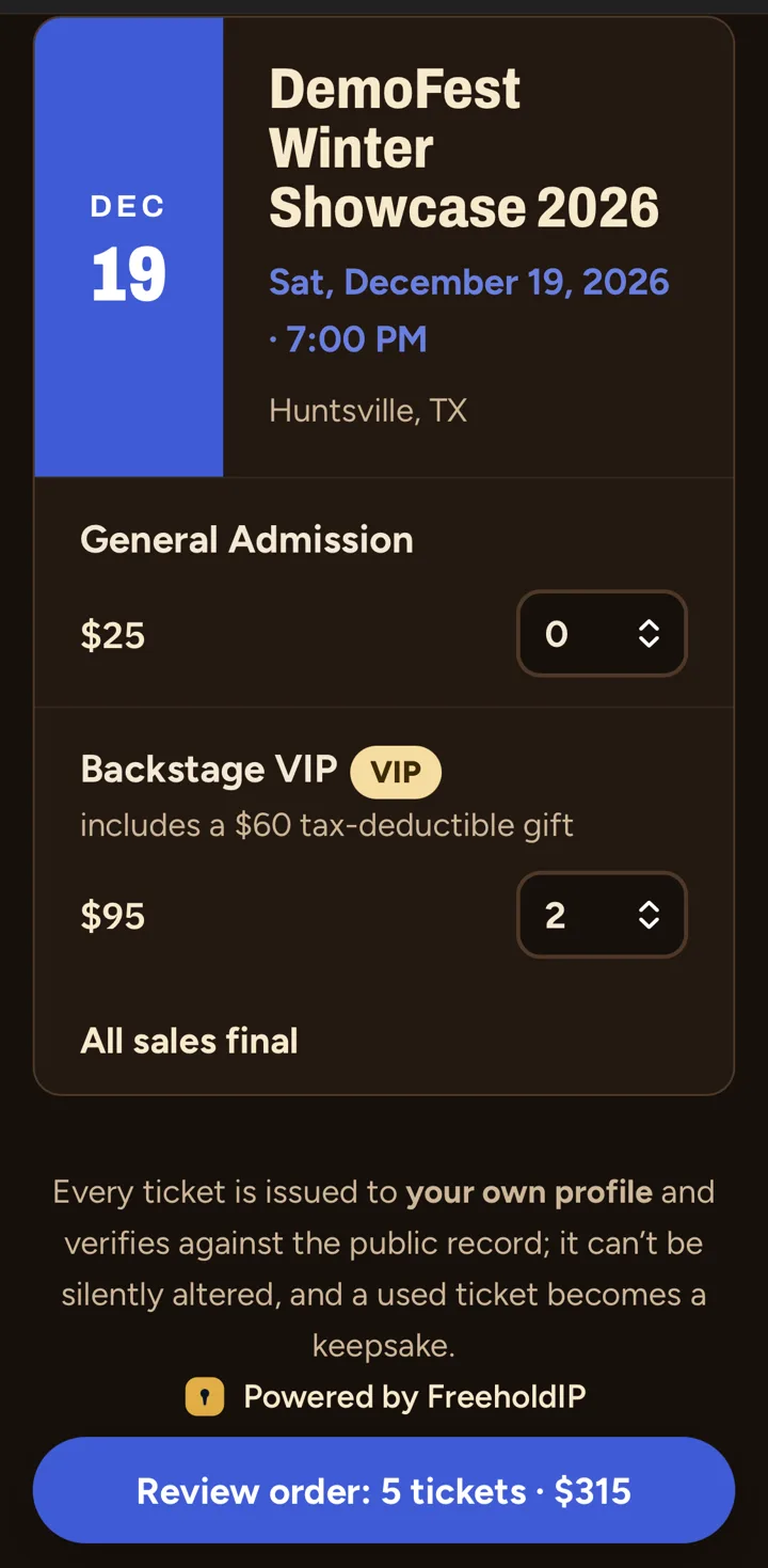 A DemoFest ticket page on a phone: two Backstage VIP passes picked, and a Review order button for 5 tickets, $315.