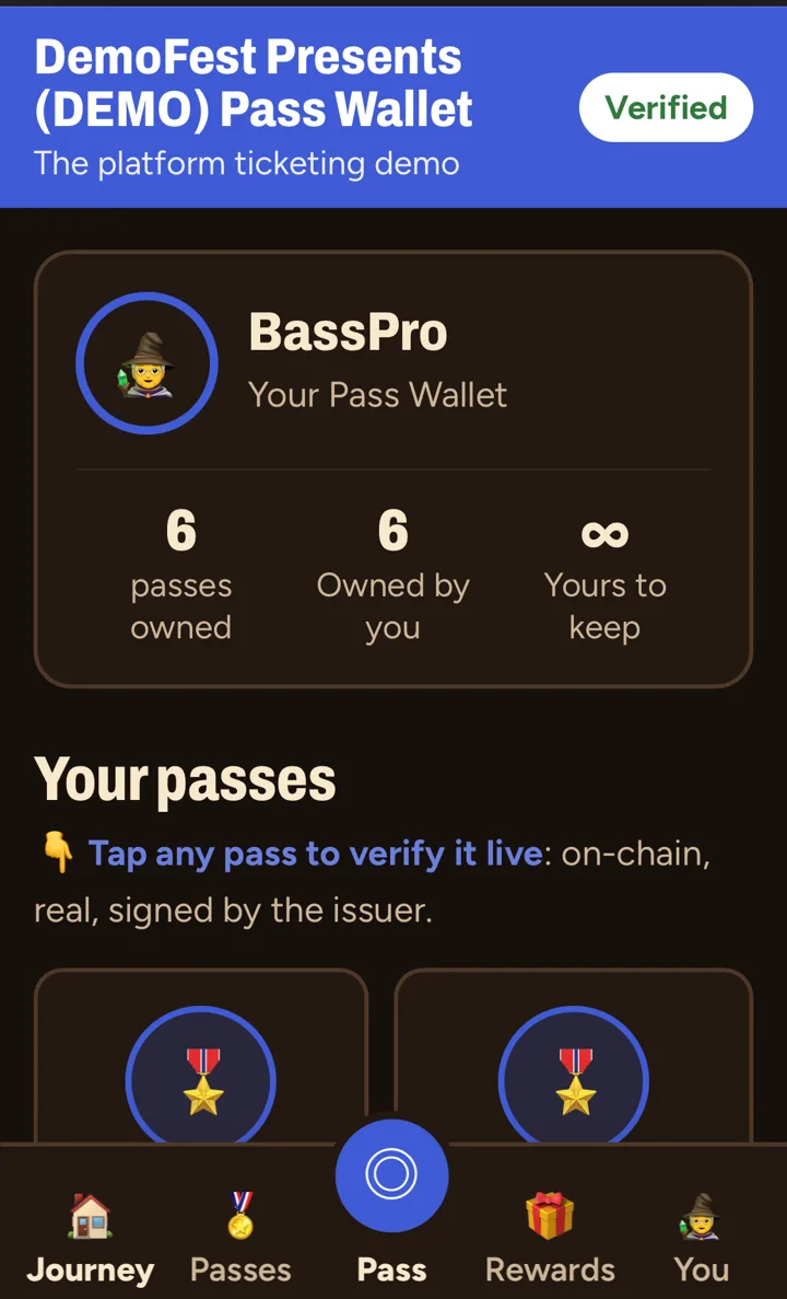 The buyer's Pass Wallet on the same phone: BassPro, 6 passes owned, each one tap to verify.